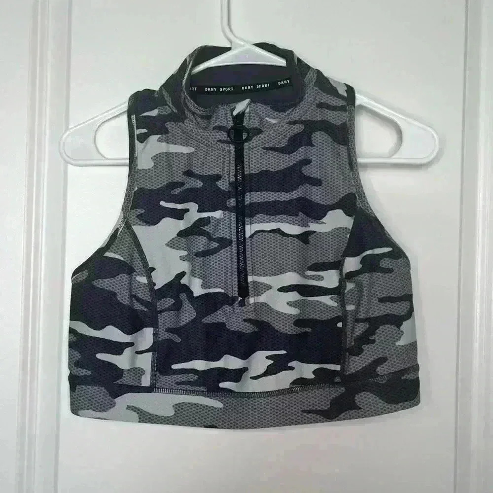 DKNY Sport Women’s Size Large Gray Camo 1/4 Zip Sports Bra (0467)